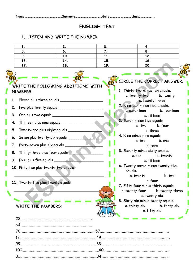 Numbers 1 to 100 additions, problems