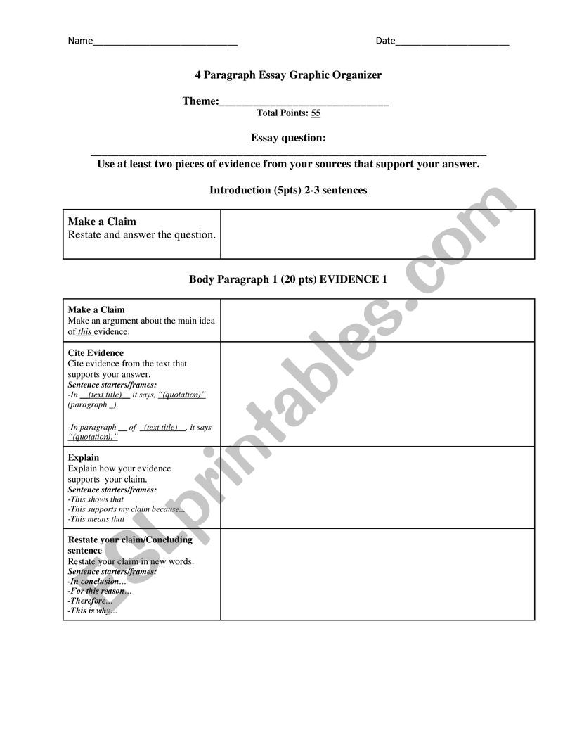 4 Paragraph Essay Graphic Organizer with sentence starters