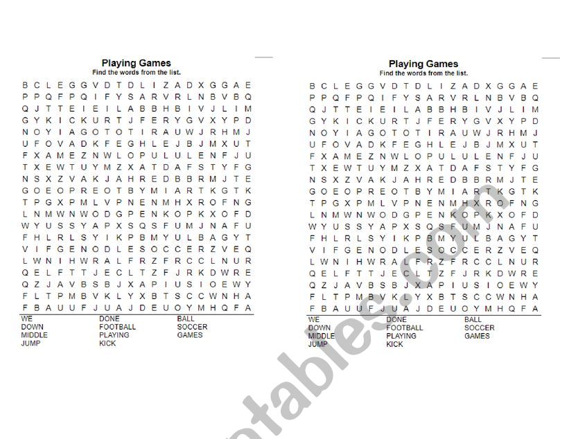 Playing games wordsearch worksheet