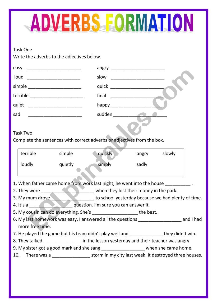 Adverbs and adjectives worksheet