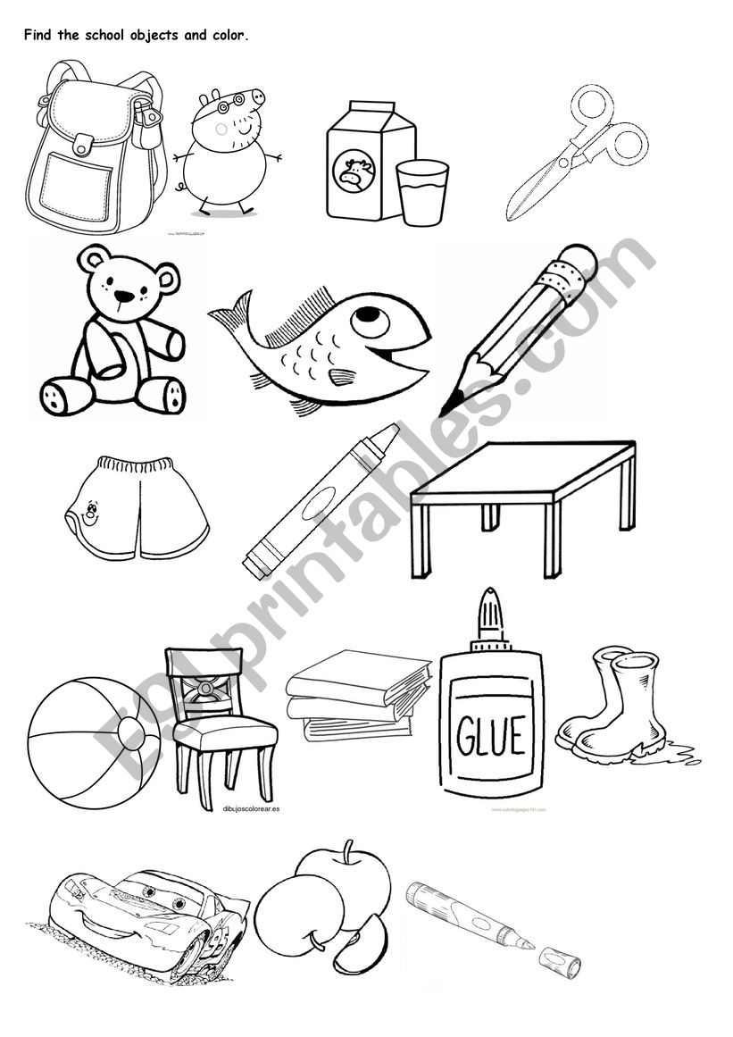 Find the school objects and color