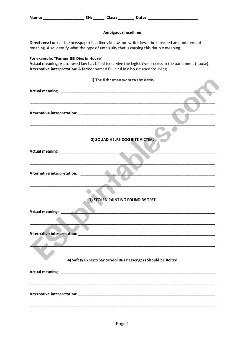 Ambiguous Headlines worksheet