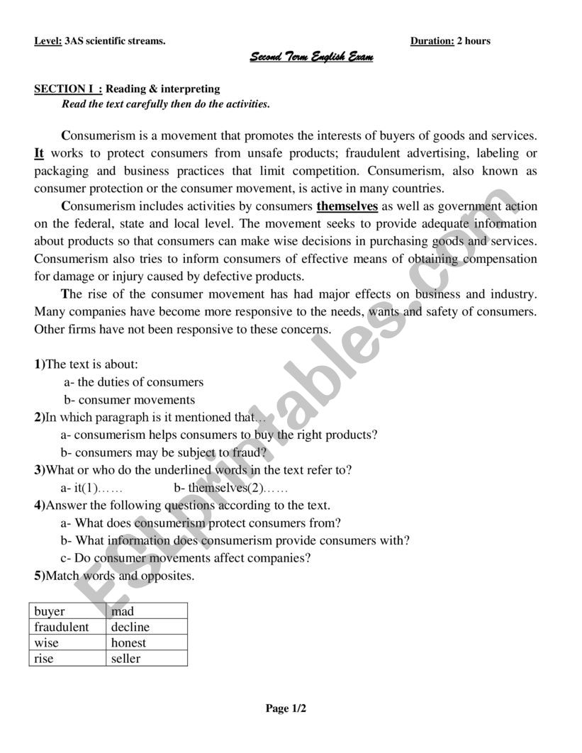 consumerism exam worksheet