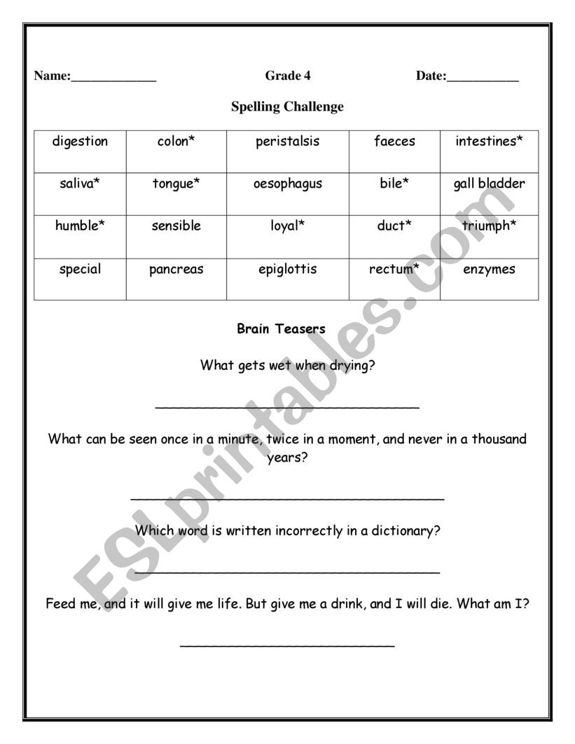 Spelling challenge and brain teasers for Grade 4