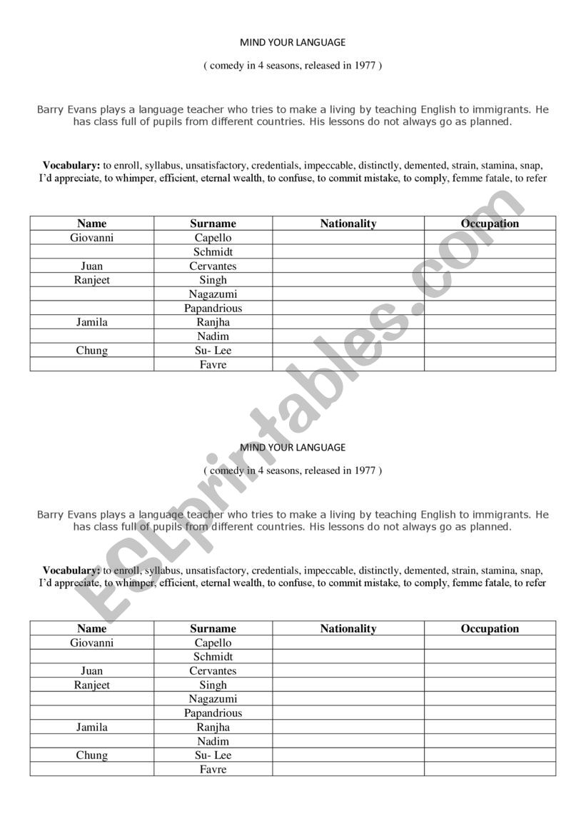 Mind your language worksheet