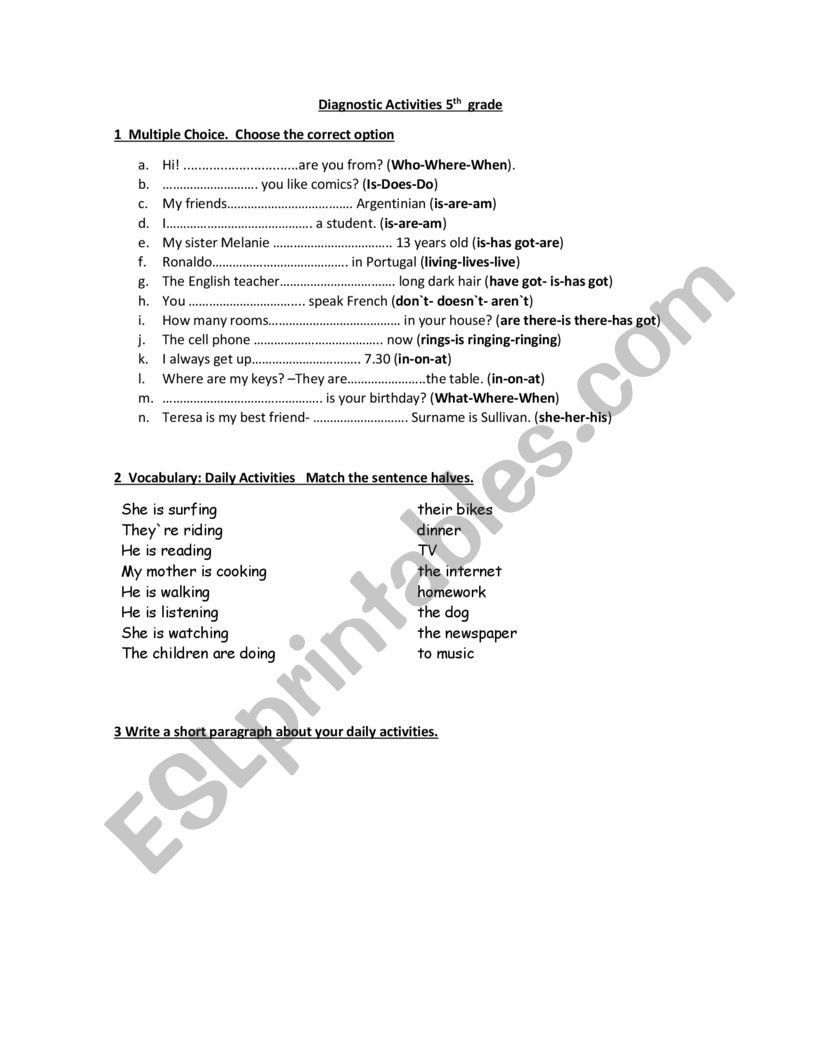 Diagnostic Assessment worksheet