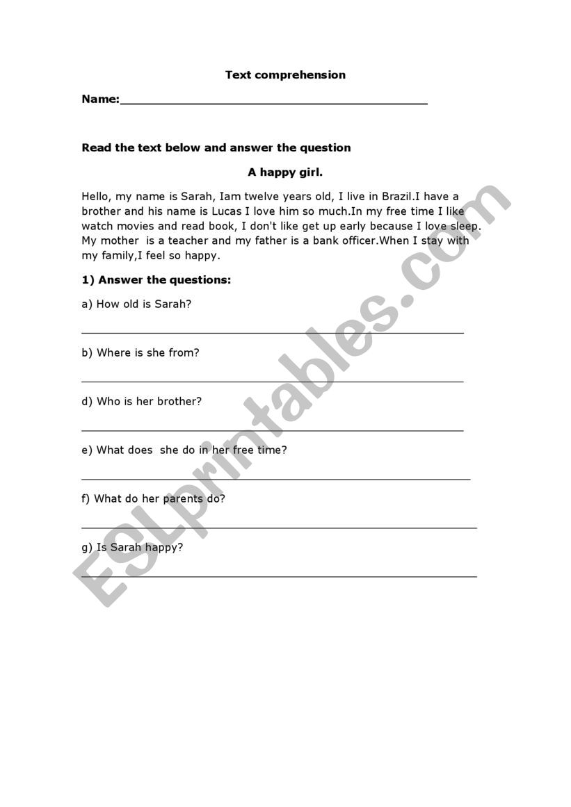 Text comprehension worksheet