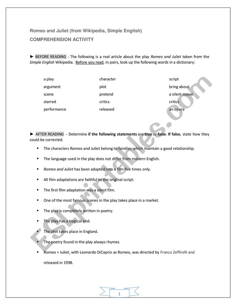 Romeo and Juliet, Article from Simple English Wikipedia - COMPREHENSION ACTIVITIES + VOCABULARY