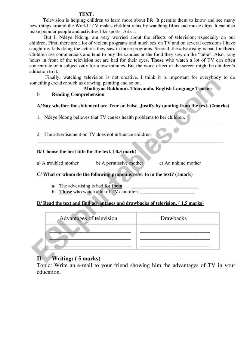 T.V for children worksheet