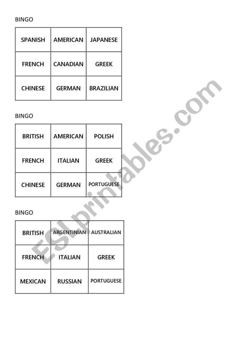Nationalities Bingo worksheet