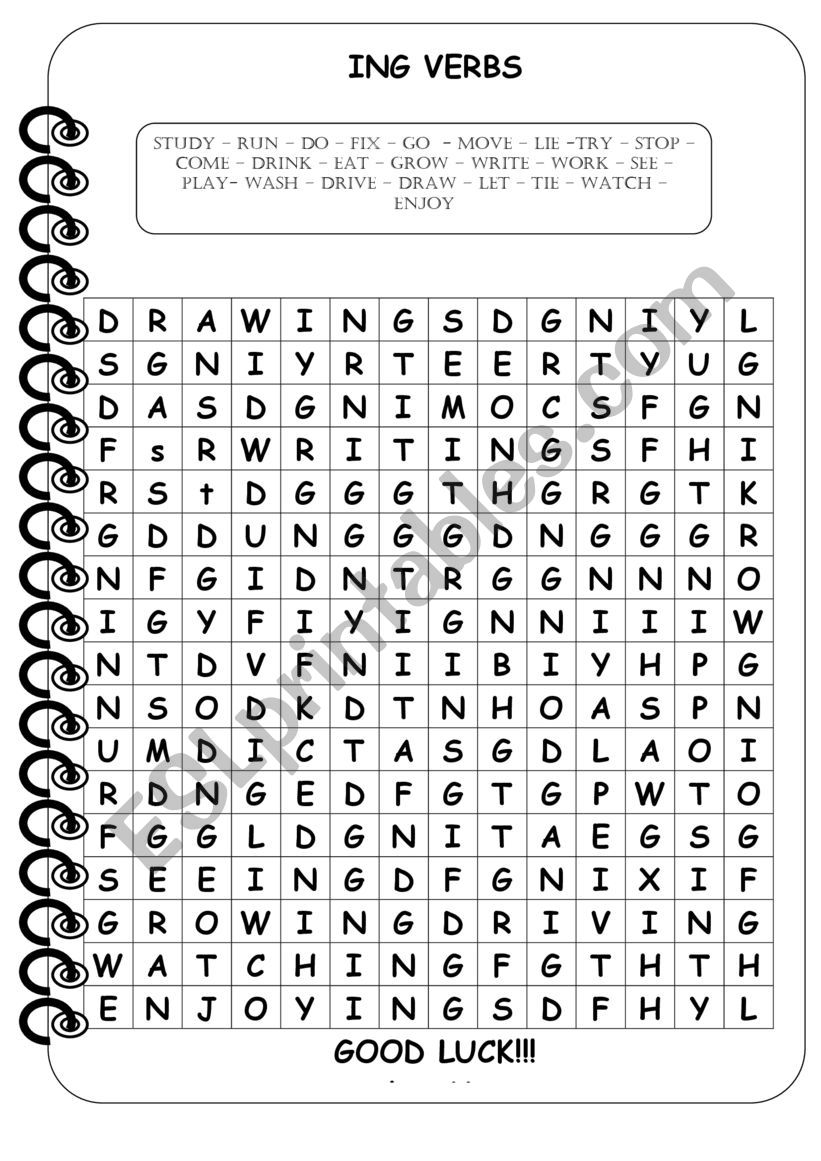 ING VERBS WORDSEARCH ESL Worksheet By Sasophia2014