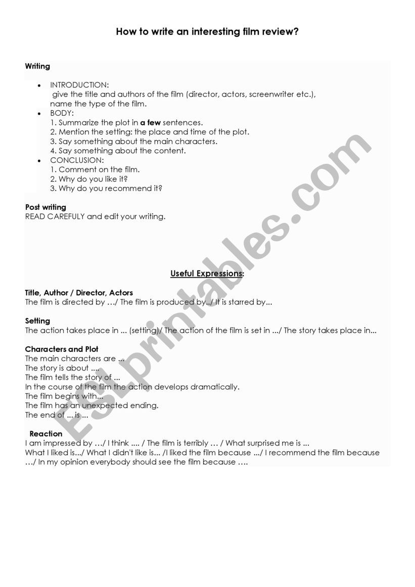 Film Review - rules and writing - ESL worksheet by roozalka