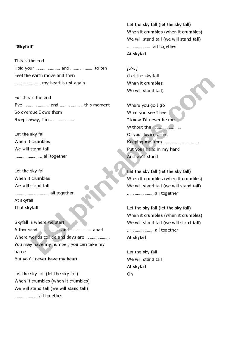 Skyfall Song Lyrics Fill In The Gaps Esl Worksheet By Roozalka