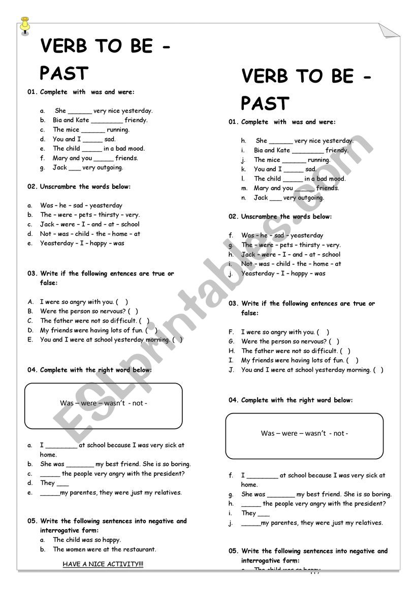 VERB TO BE PAST FORMS worksheet