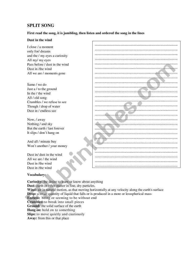 Split song  worksheet