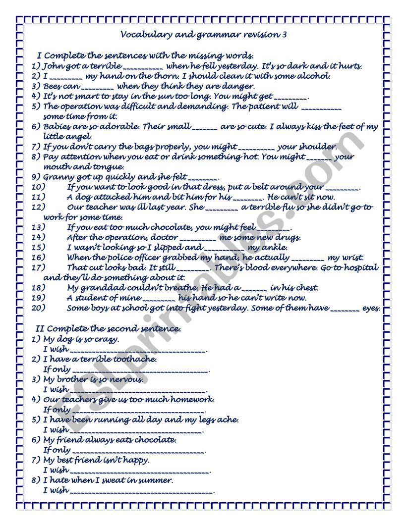 Vocabulary and grammar 3 worksheet