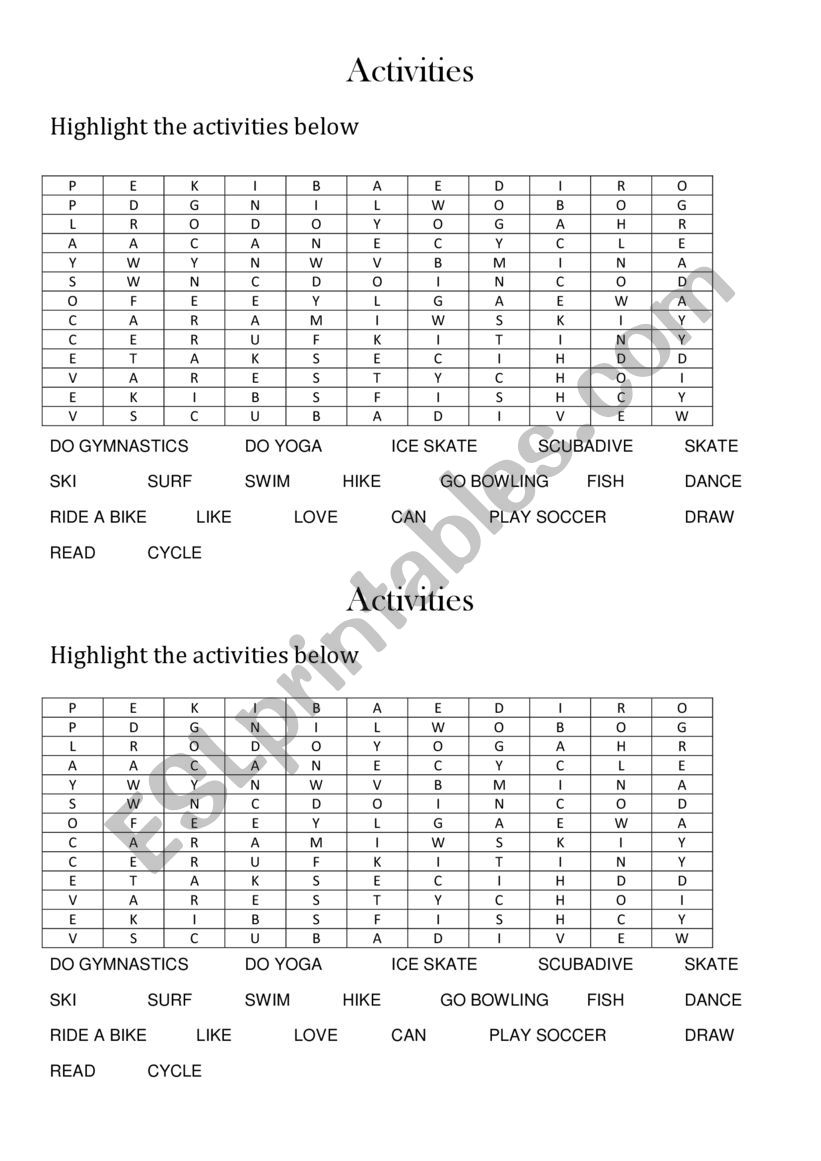 Activities wordsearch worksheet