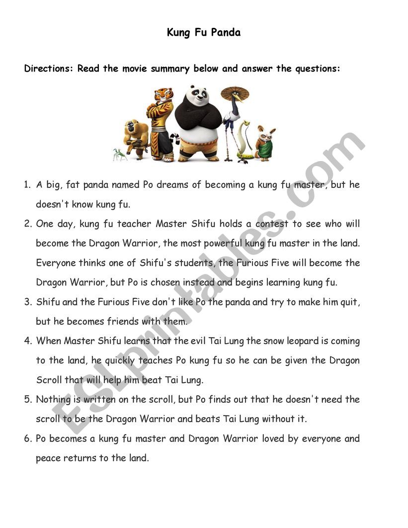 Kung Fu Panda Summary comprehension & vocab.