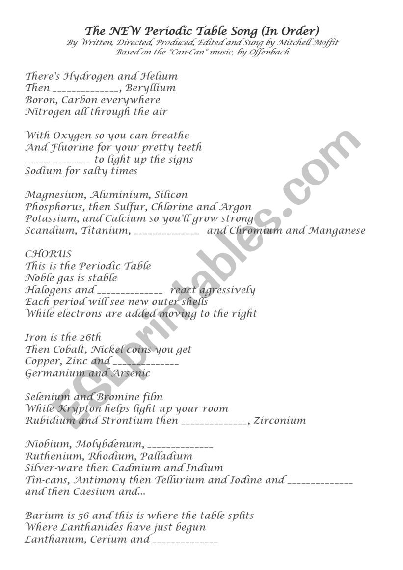 ESP chemistry periodic table song SHO