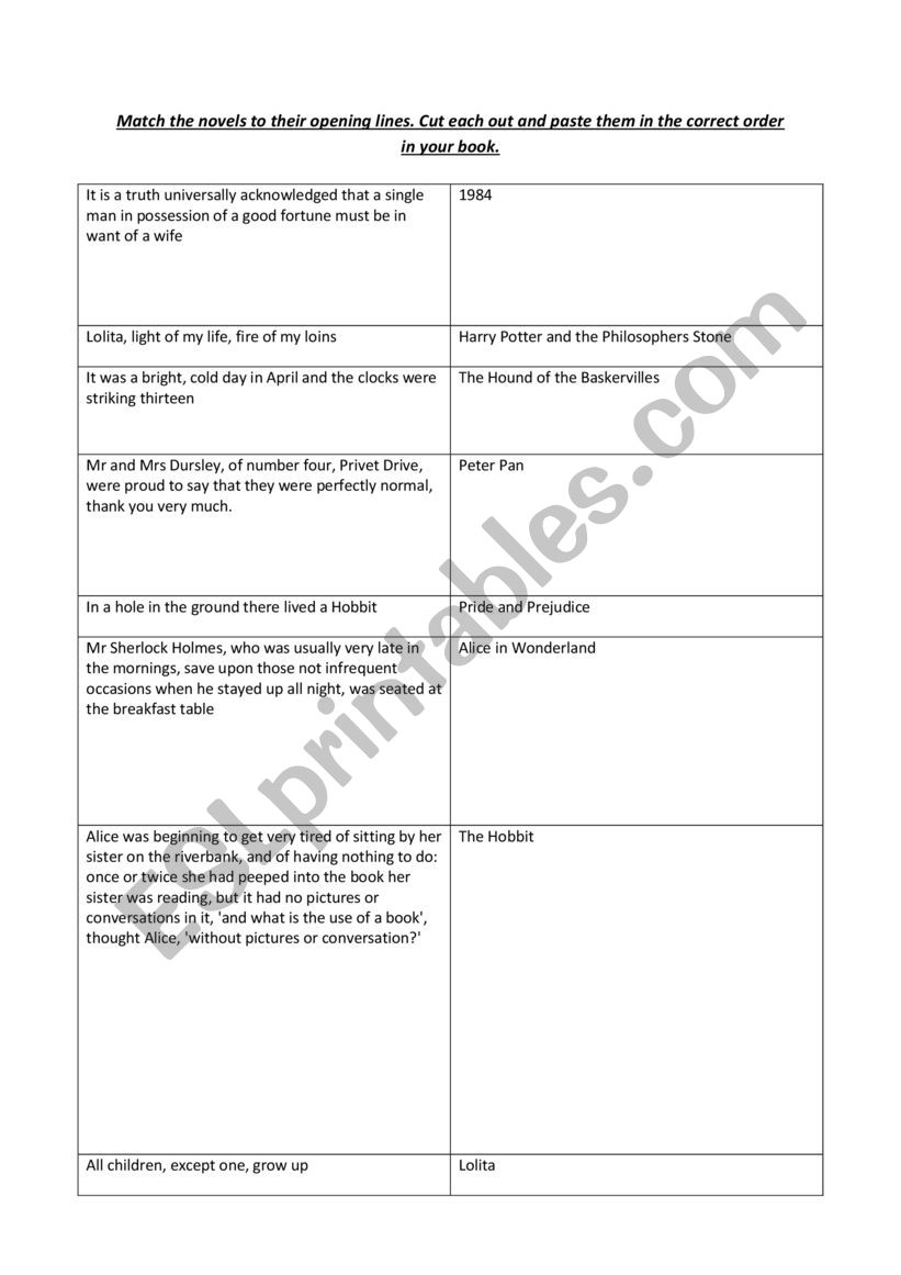 Opening Lines Matching Task worksheet