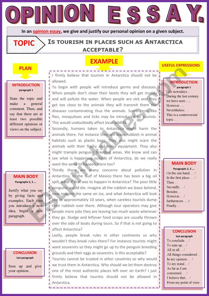 Opinion essay - Is tourism in places such as Antarctica acceptable? - Guided writing + Example.