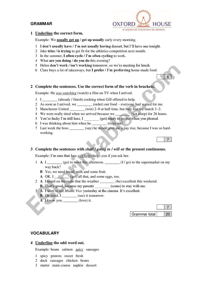 test pre intermediate worksheet