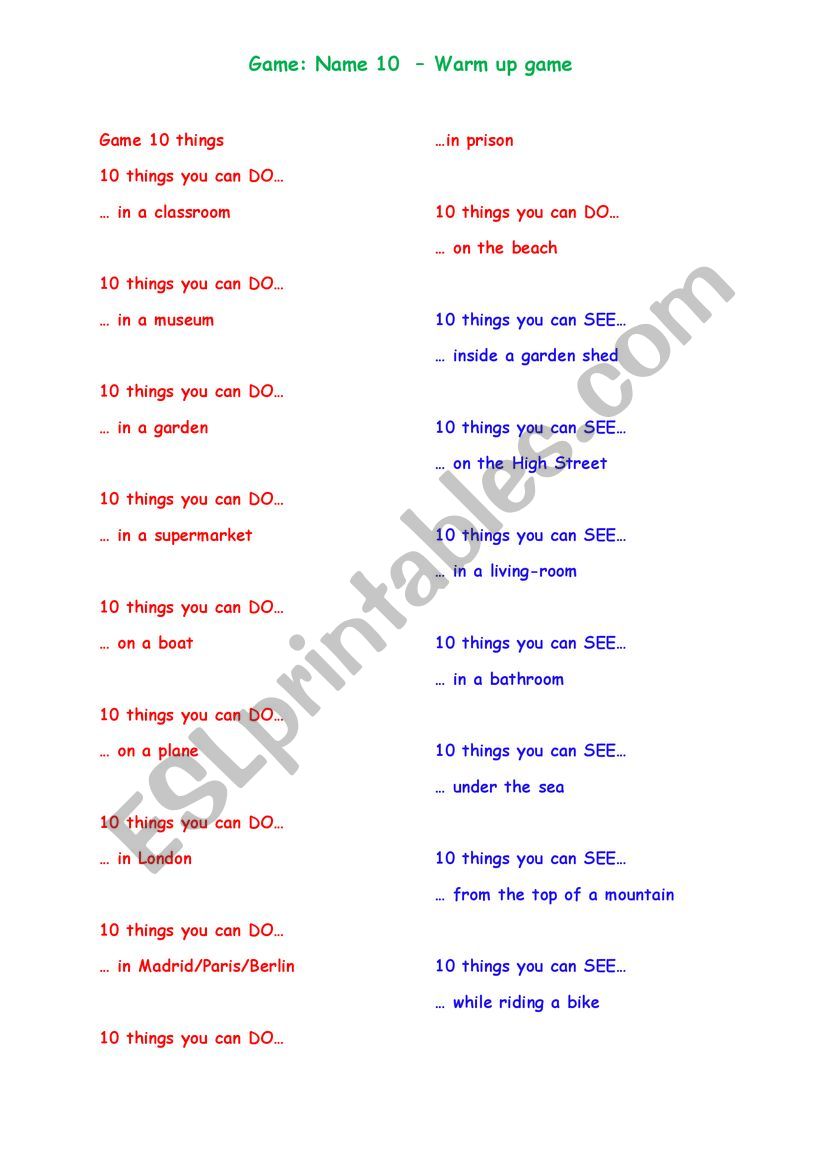 Warm up worksheet