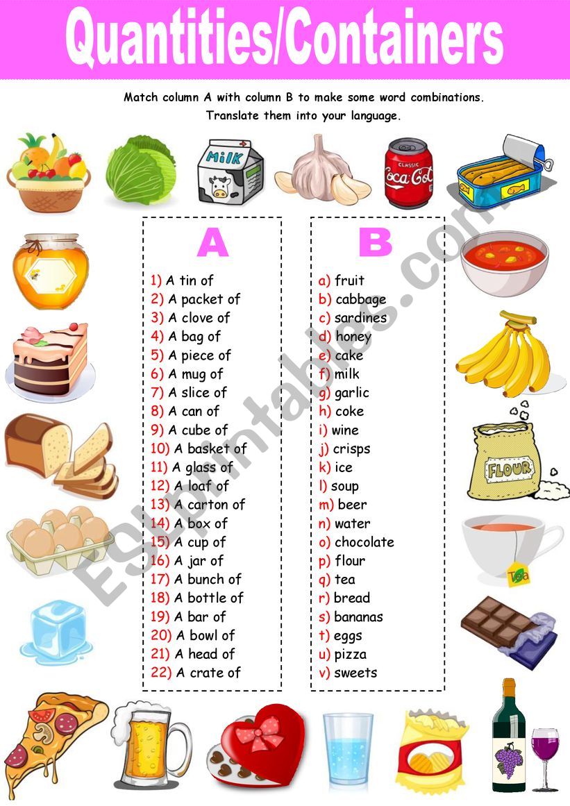 Quantities and Containers worksheet