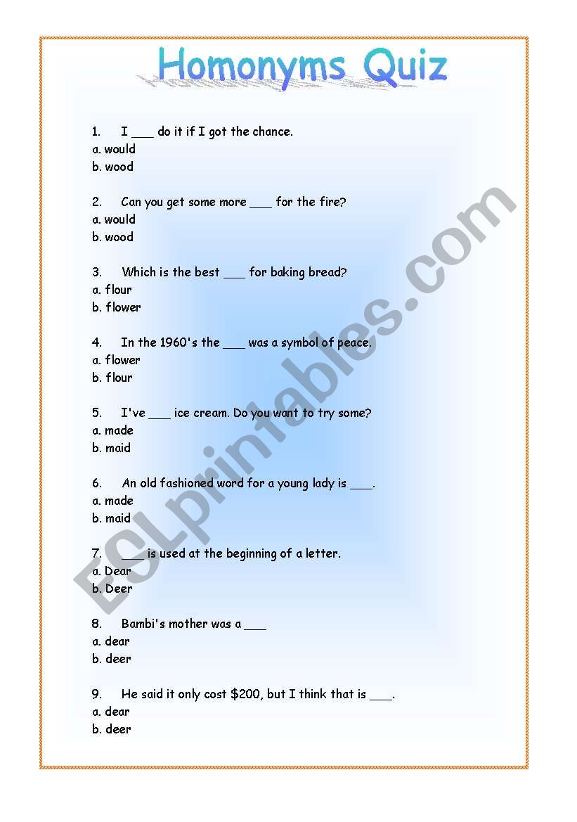 Homonyms part 3 worksheet