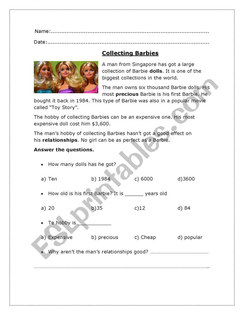 barbies reading comprehension worksheet