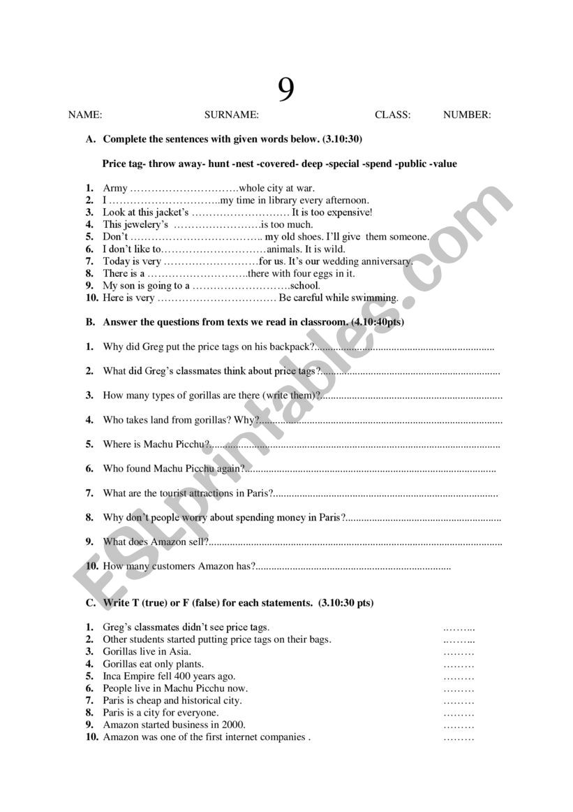 9th grade test worksheet
