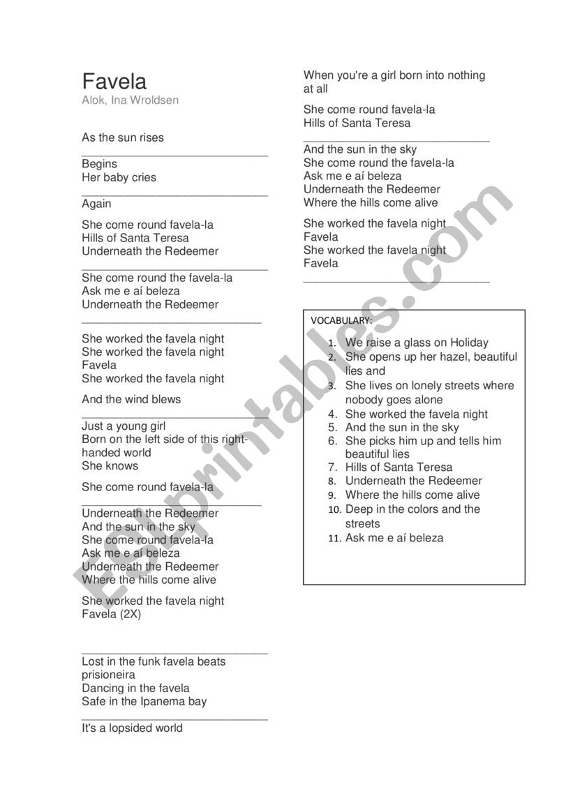 SONG: FAVELA FROM ALOK worksheet