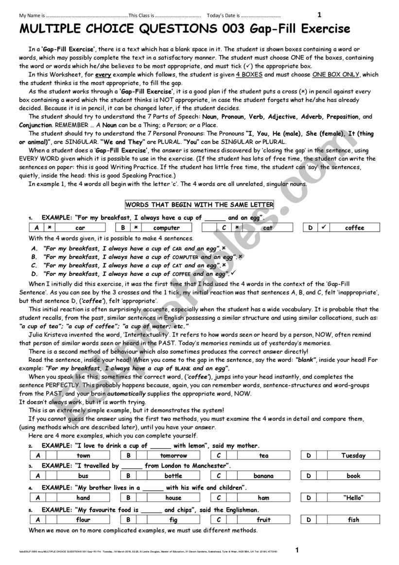 MULTIPLE CHOICE QUESTIONS 003 Gap-Fill