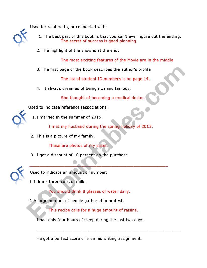 Difference between Of and For worksheet