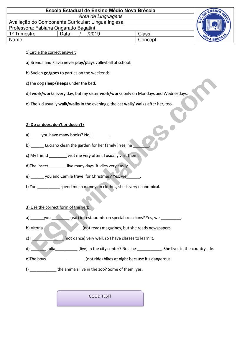 Test Simple Present worksheet