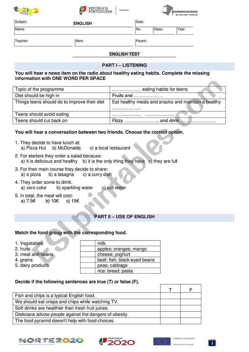 Healthy eating test - 8th grade version A