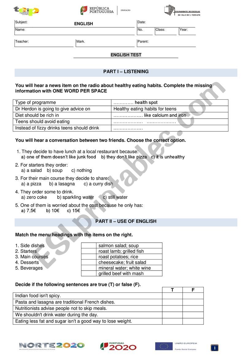 Healthy eating test - 8th grade version B