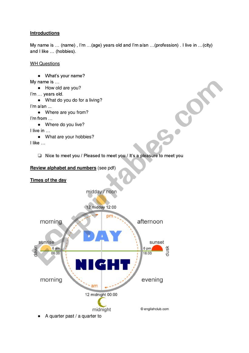 Ideas for A1 first class worksheet