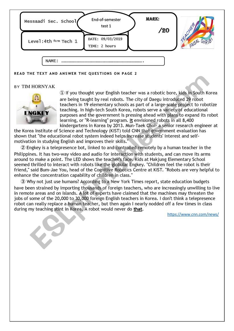 End-of-semester test  4th form TECH stream