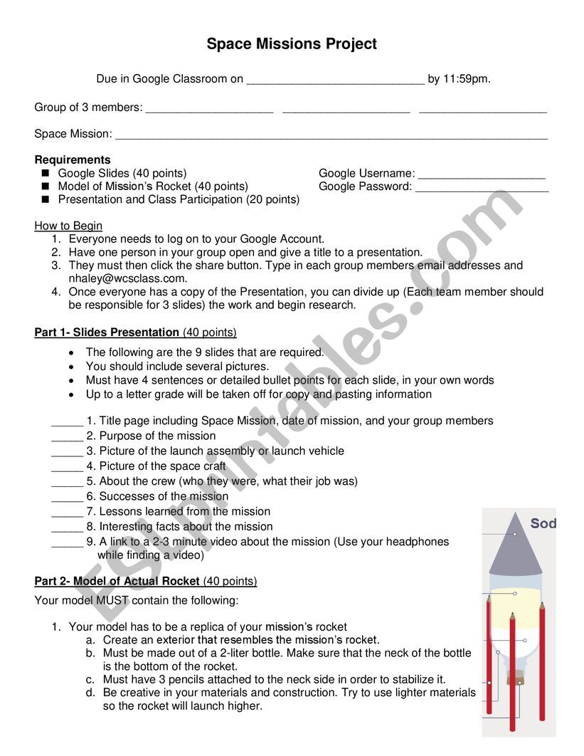 Space Mission Project worksheet