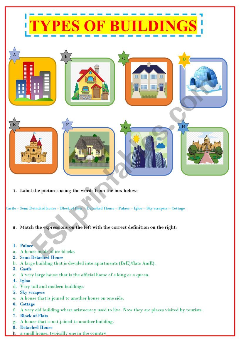 Types of buildings  worksheet