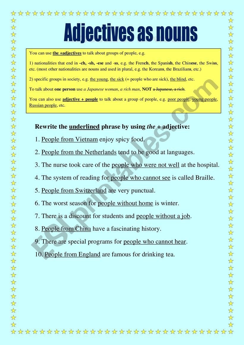 Adjectives as nouns worksheet