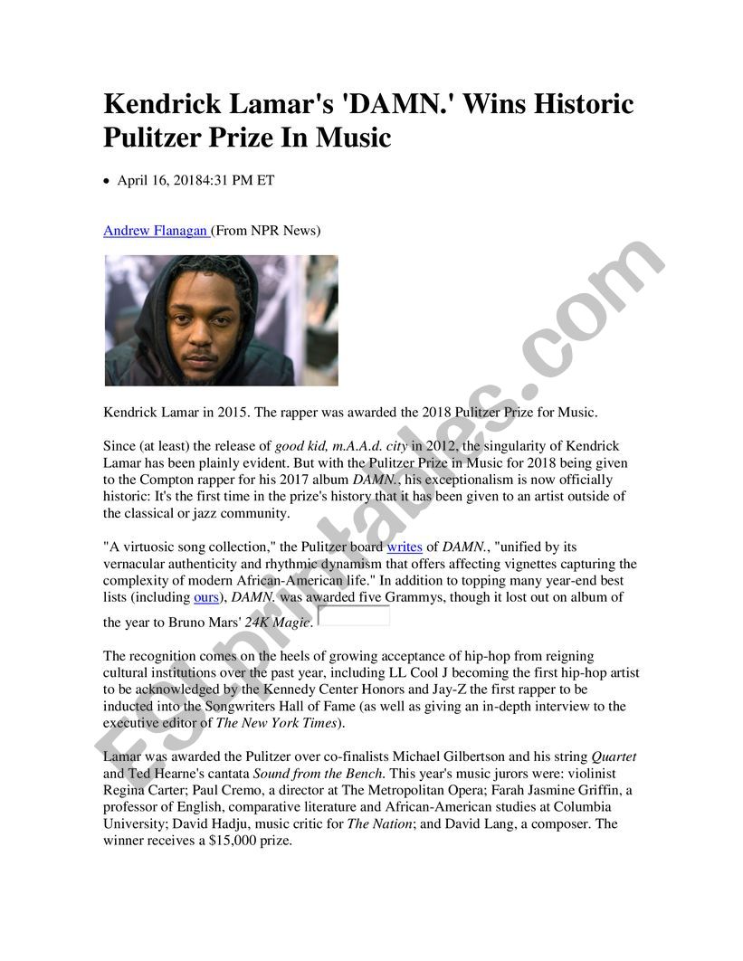 Kendrick Lamar wins Pulitzer worksheet