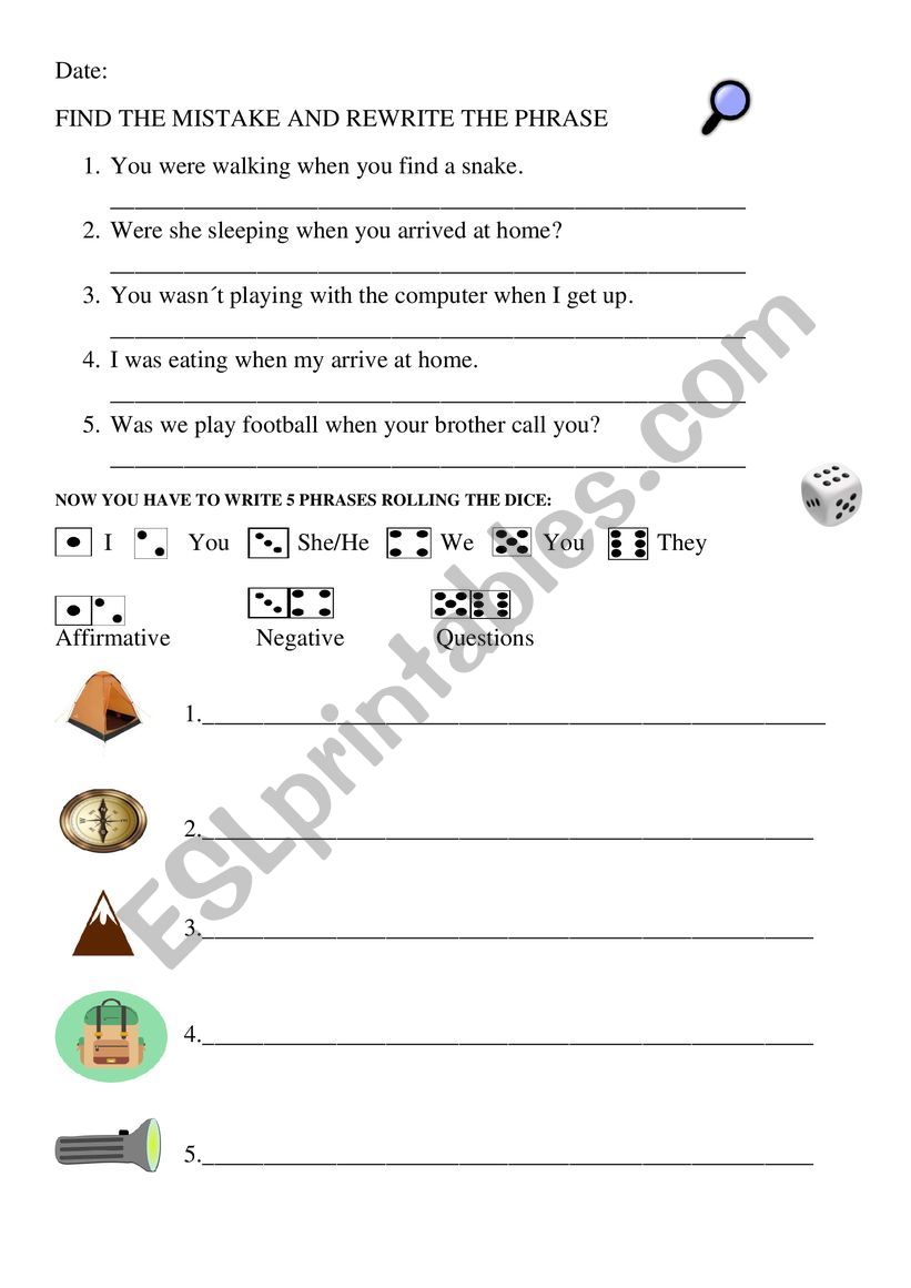 ROLL THE DICE PAST CONTINOUS worksheet