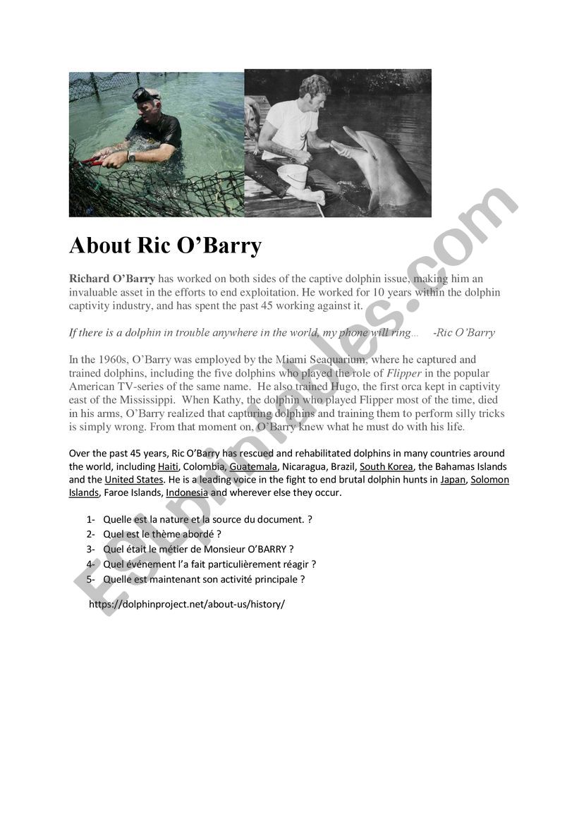 Reading training about Ric O Barry Dolphin project 