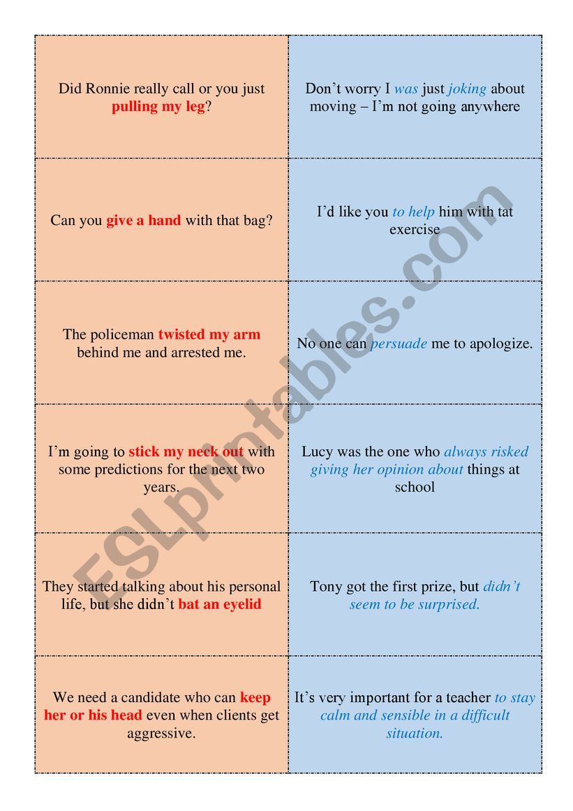 Body parts Idioms (matching) worksheet