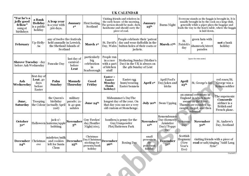 UK Calendar worksheet