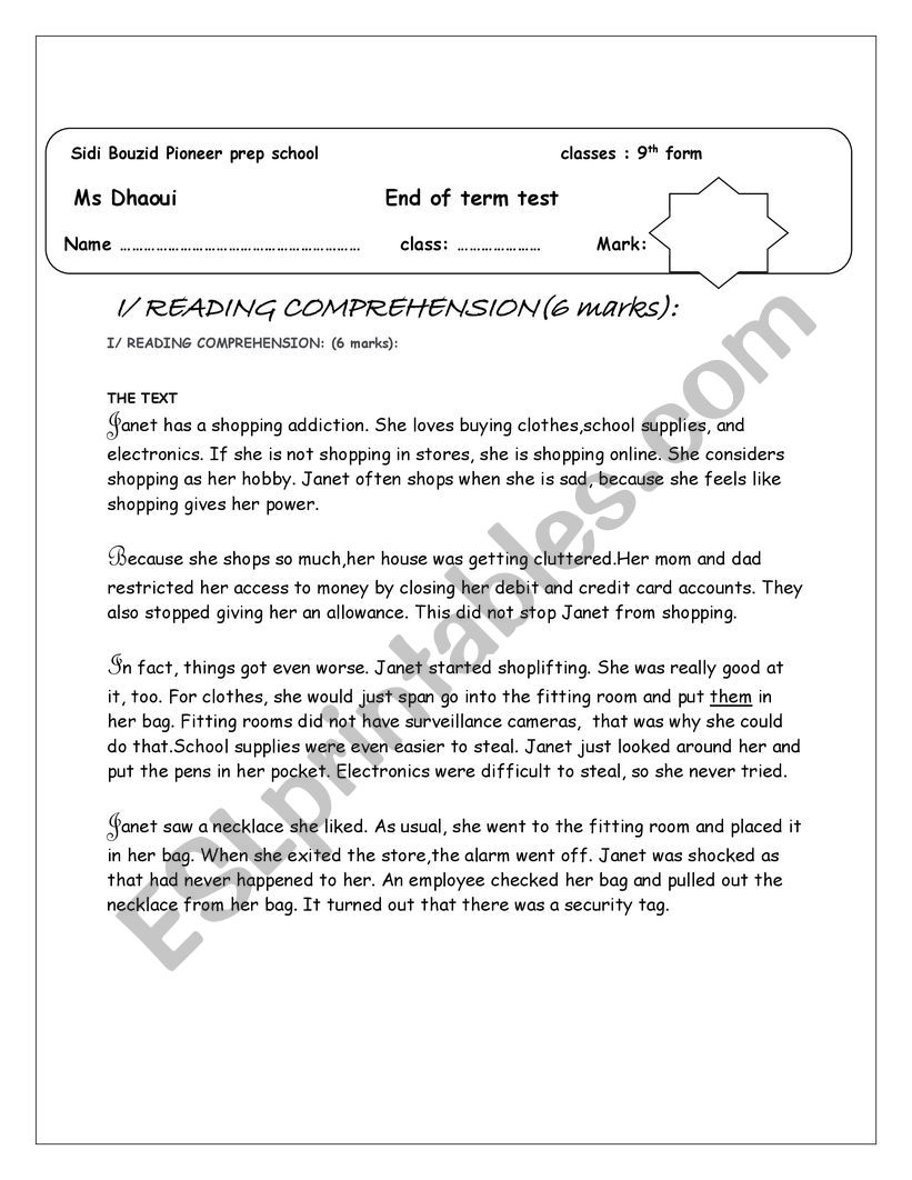  9 th form end of term test n2 tunisian pupils 