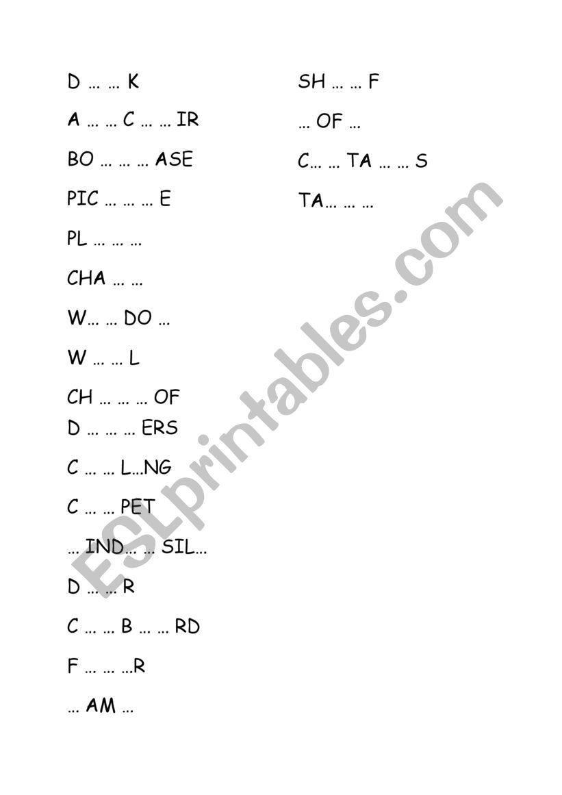 Furniture and items in the room - write the missing letters worksheet