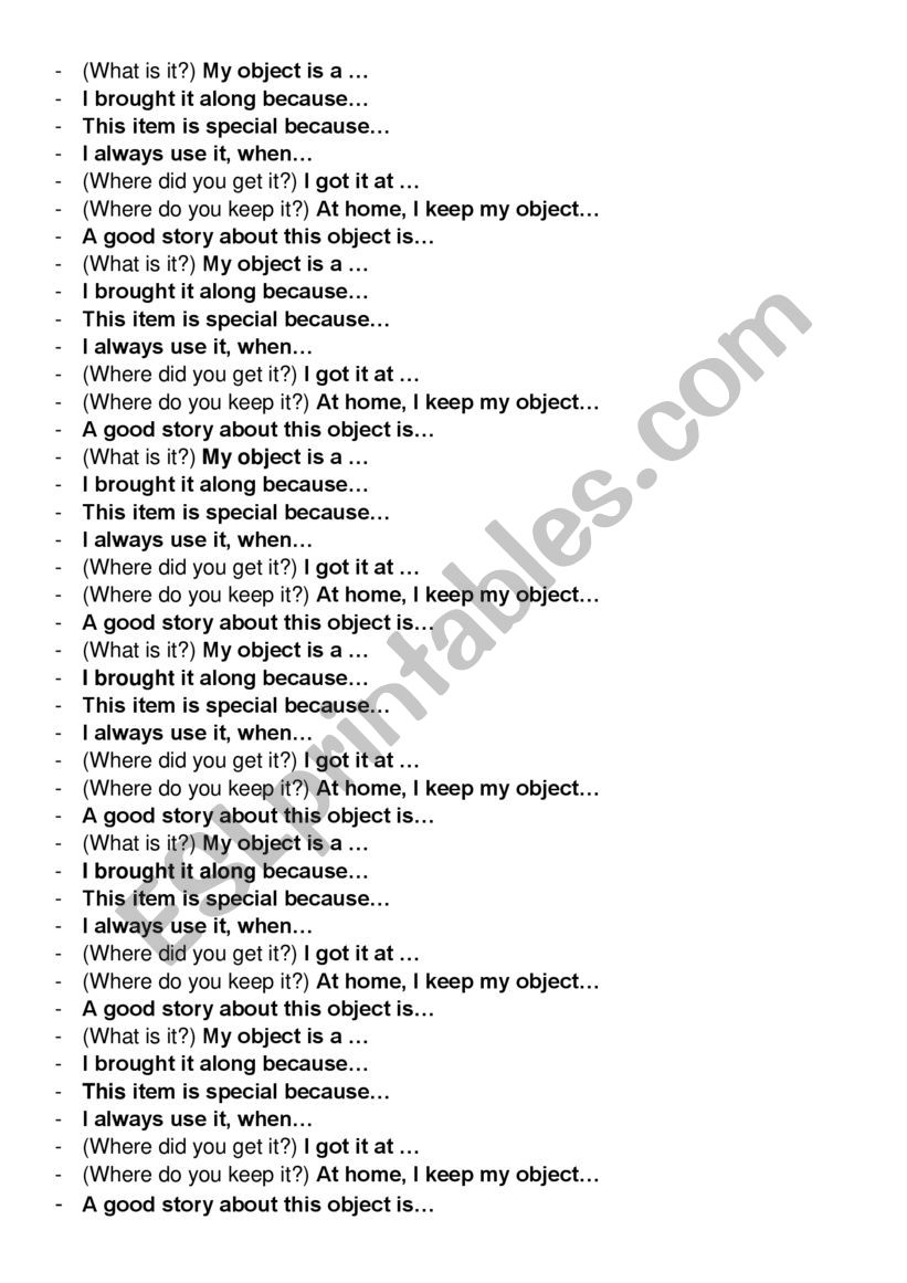 Sentence starters for a presentation of an object